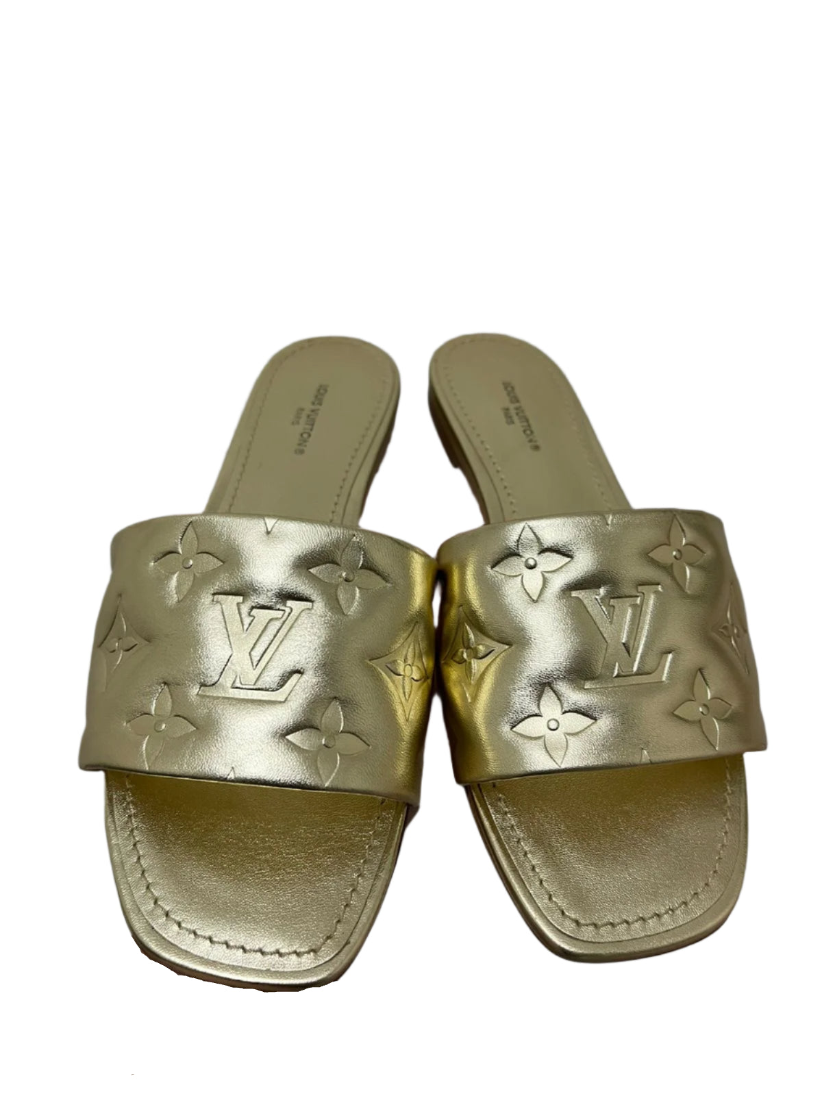 Louis Vuitton Gold Monogram Embossed Leather Revival Slides - Size 36