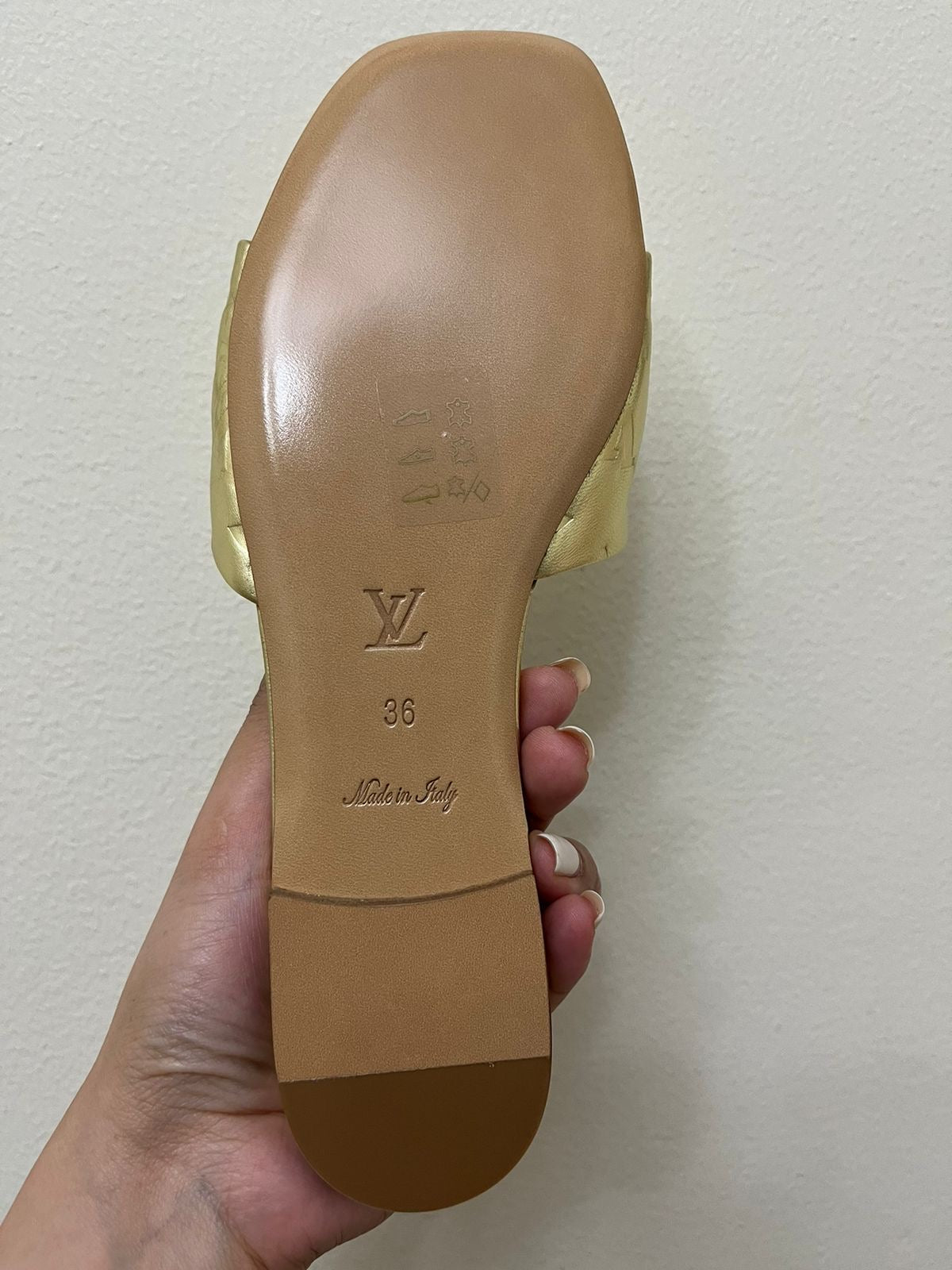 Louis Vuitton Gold Monogram Embossed Leather Revival Slides - Size 36