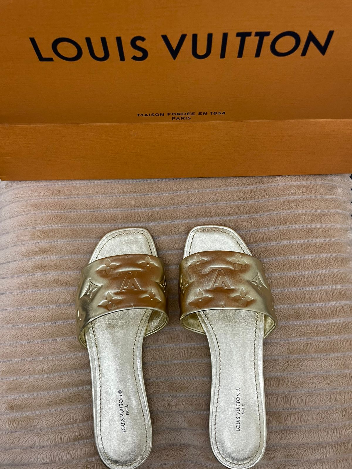 Louis Vuitton Gold Monogram Embossed Leather Revival Slides - Size 36