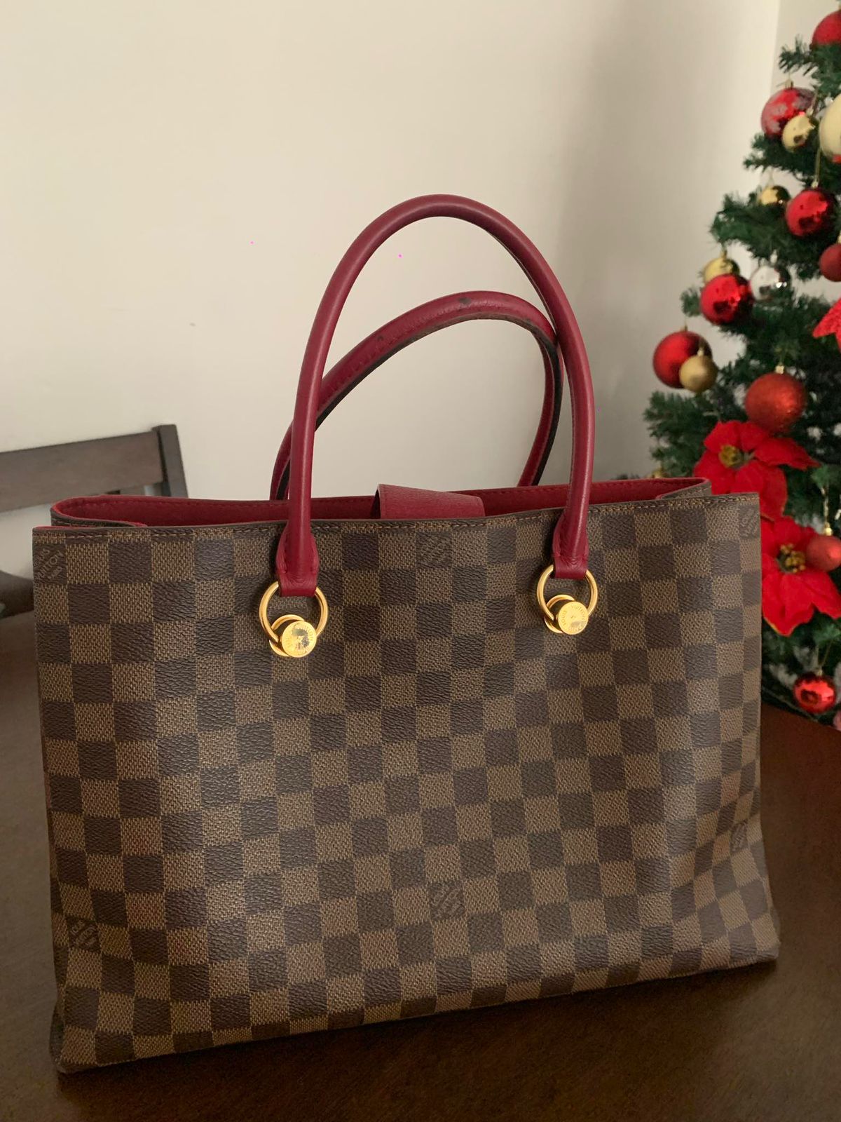 Louis Vuitton Riverside Tote in Damier Ebene Canvas – Red Leather Trim