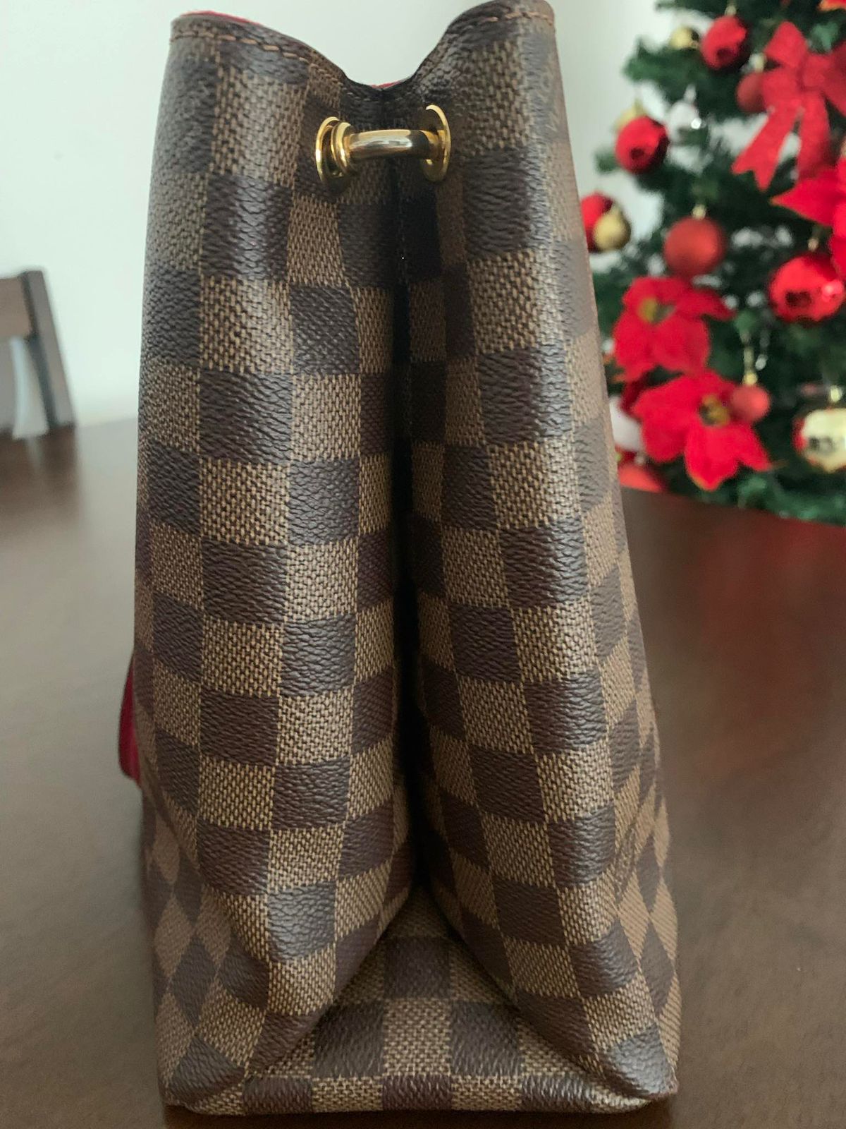 Louis Vuitton Riverside Tote in Damier Ebene Canvas – Red Leather Trim
