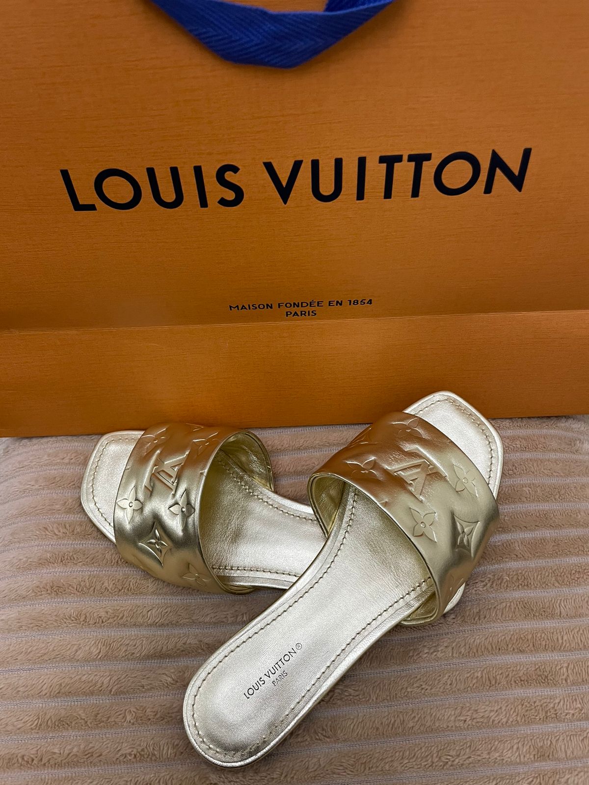 Louis Vuitton Gold Monogram Embossed Leather Revival Slides - Size 36