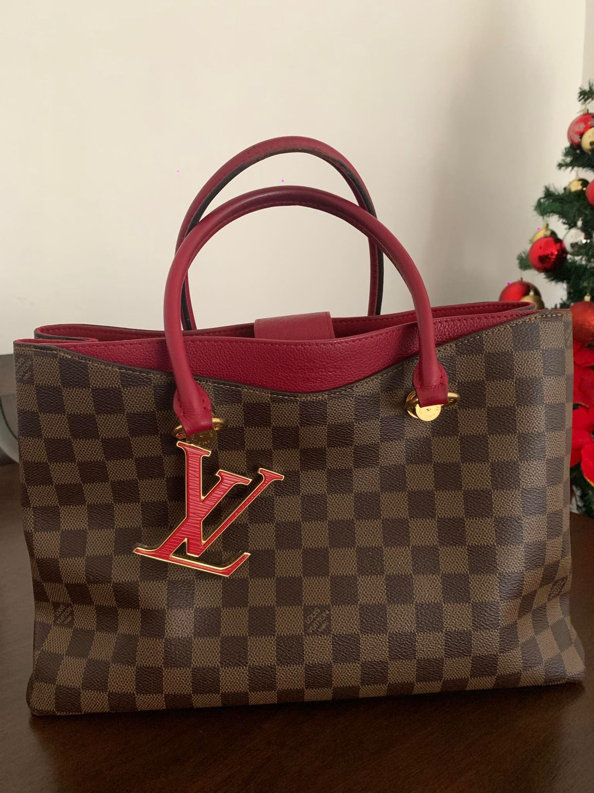 Louis Vuitton Riverside Tote in Damier Ebene Canvas – Red Leather Trim