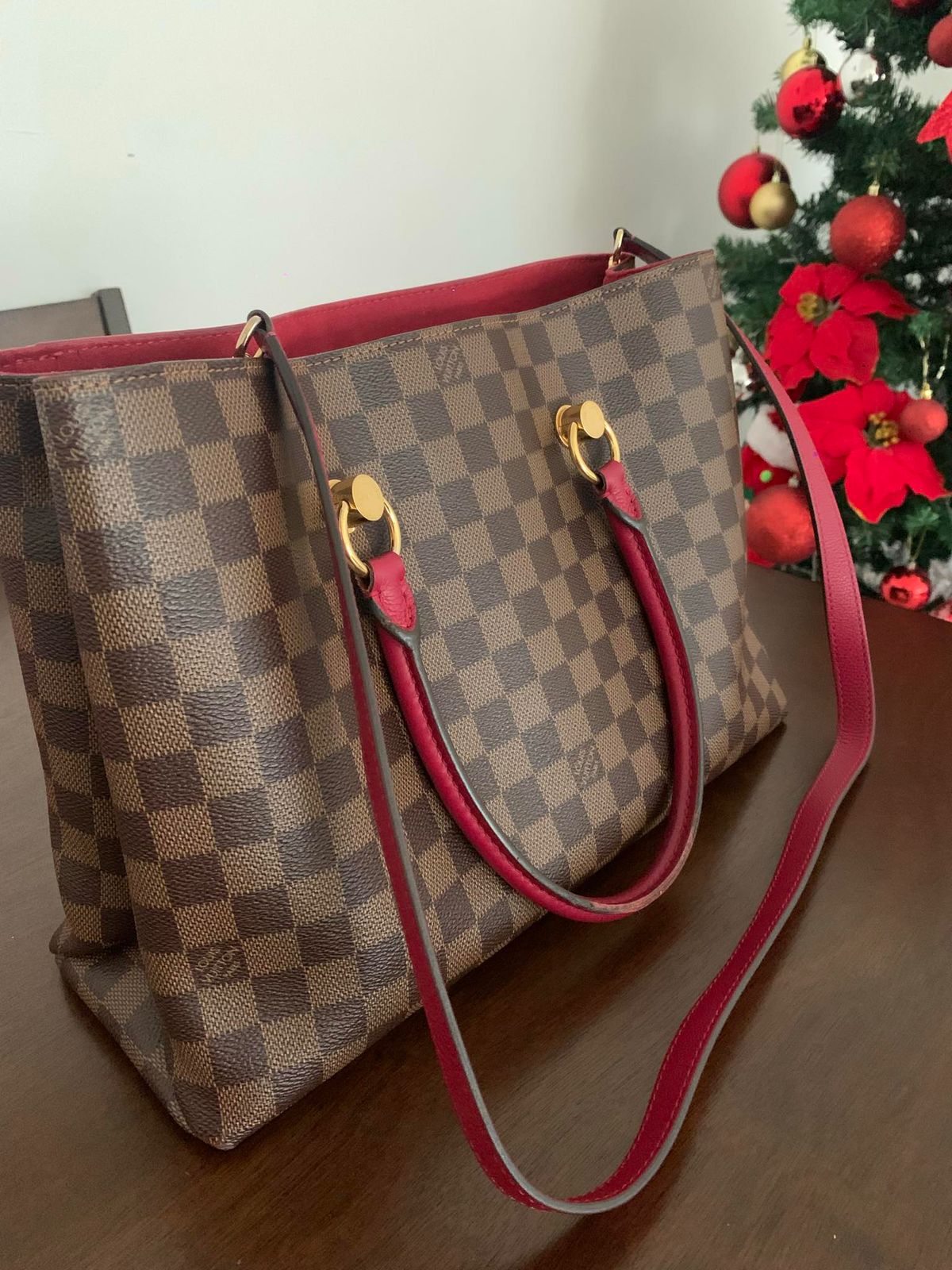 Louis Vuitton Riverside Tote in Damier Ebene Canvas – Red Leather Trim