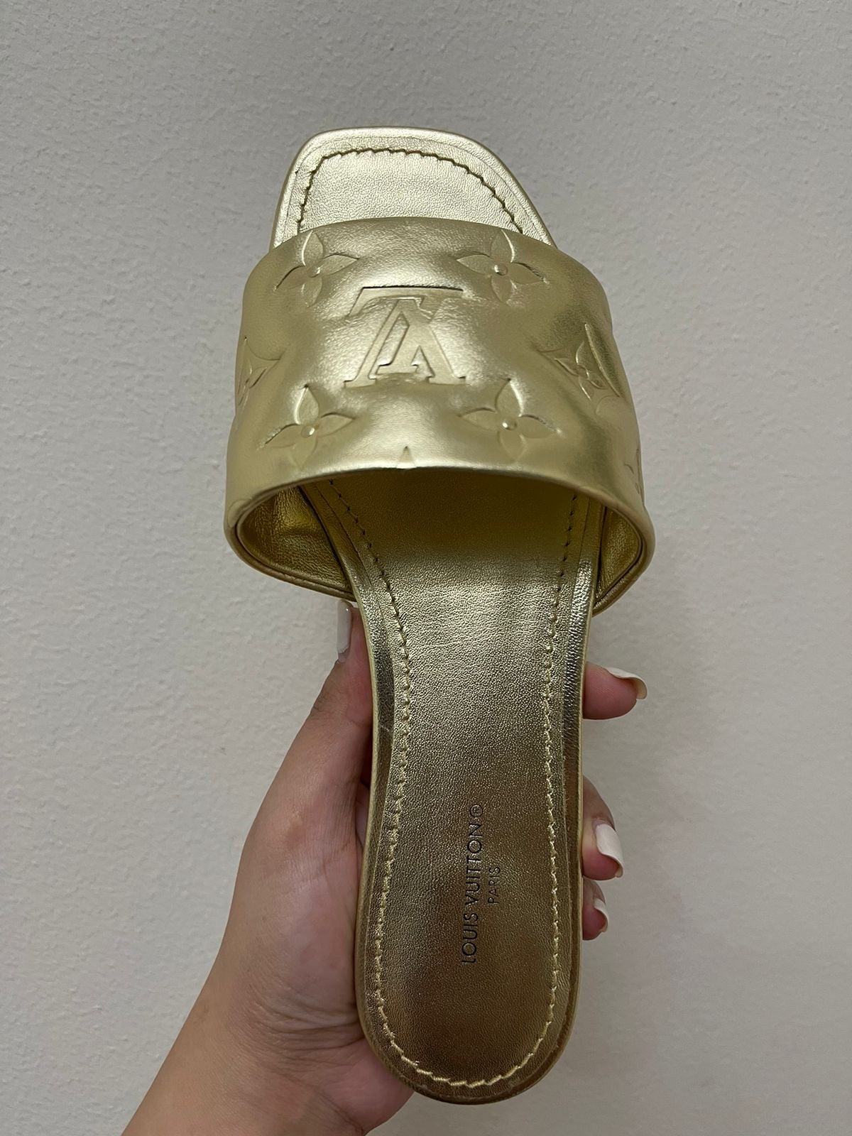 Louis Vuitton Gold Monogram Embossed Leather Revival Slides - Size 36