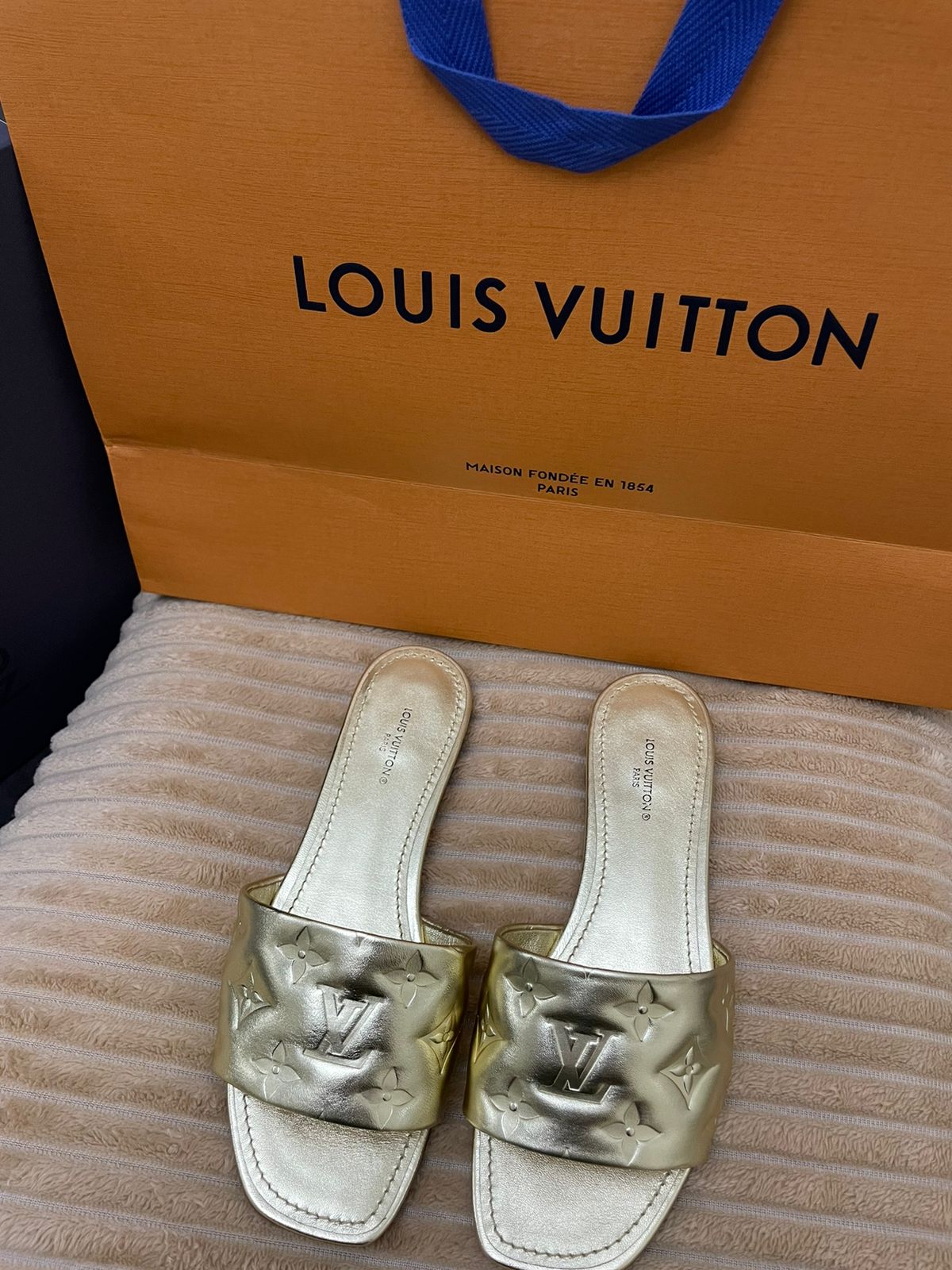Louis Vuitton Gold Monogram Embossed Leather Revival Slides - Size 36