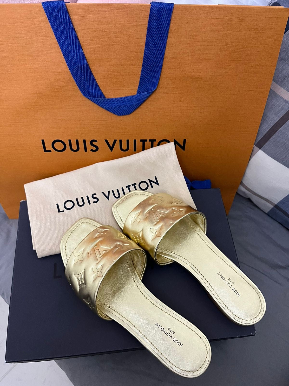 Louis Vuitton Gold Monogram Embossed Leather Revival Slides - Size 36