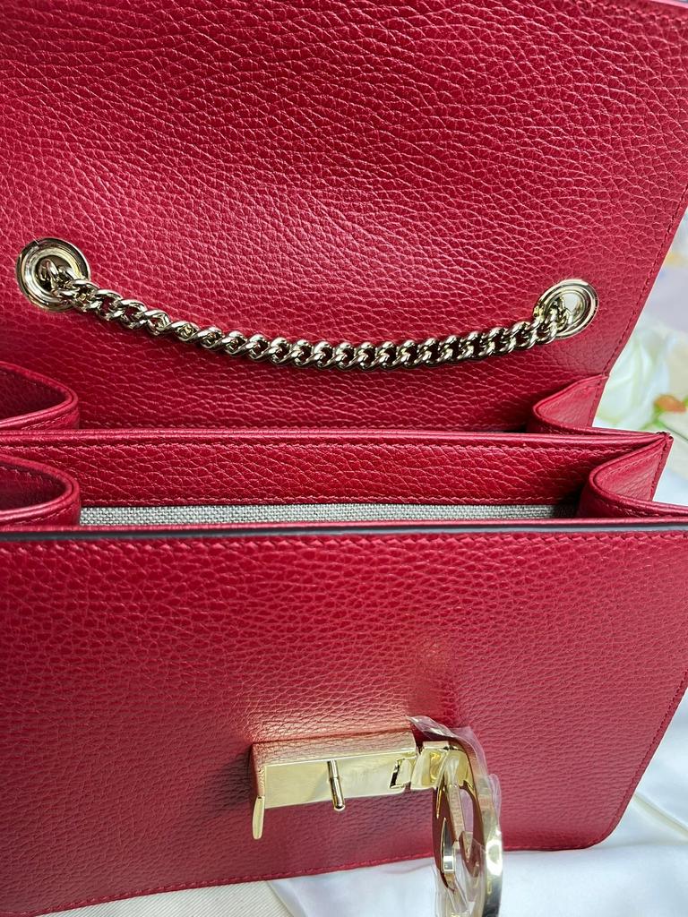 Gucci Red Pebbled Calfskin Small Interlocking G Chain Bag