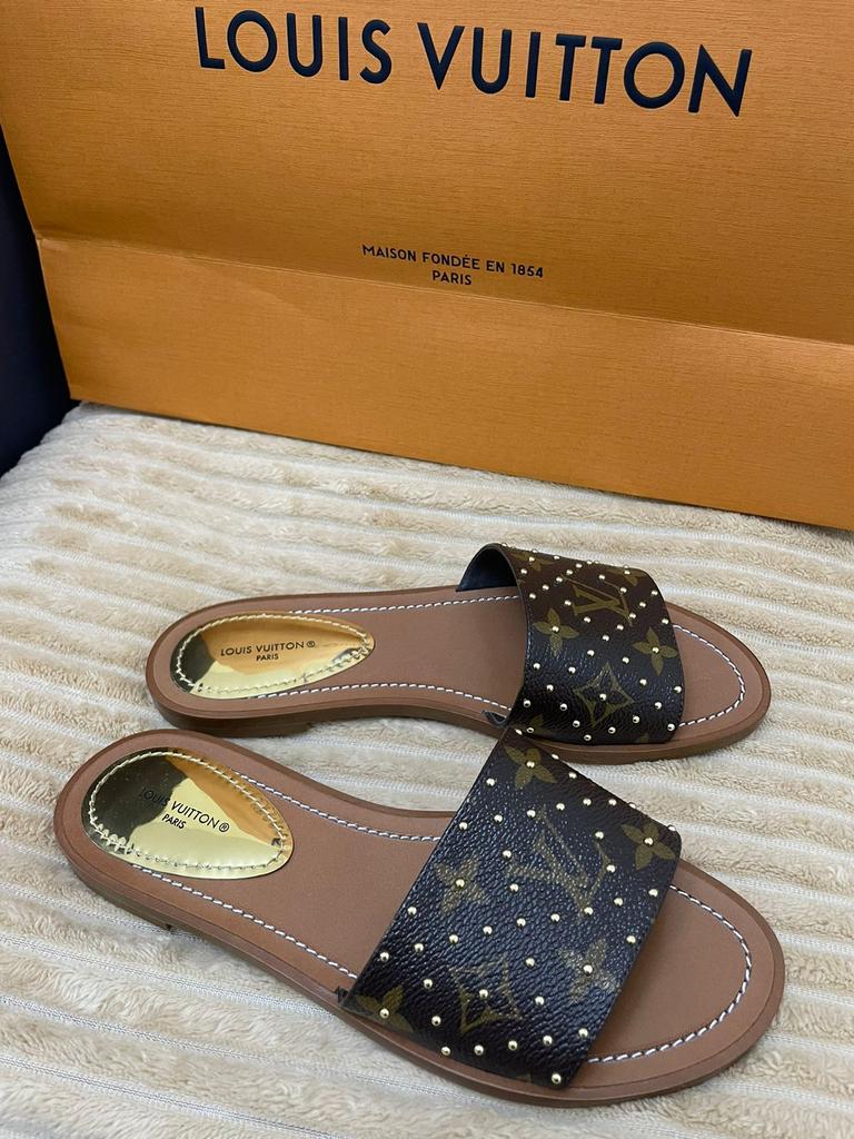 Louis Vuitton Monogram Canvas Studded Lock It Flat Slides Size 36