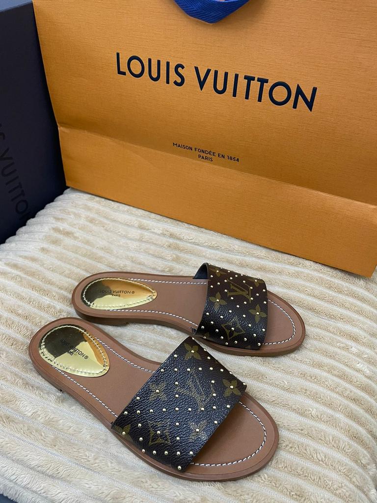 Louis Vuitton Monogram Canvas Studded Lock It Flat Slides Size 36