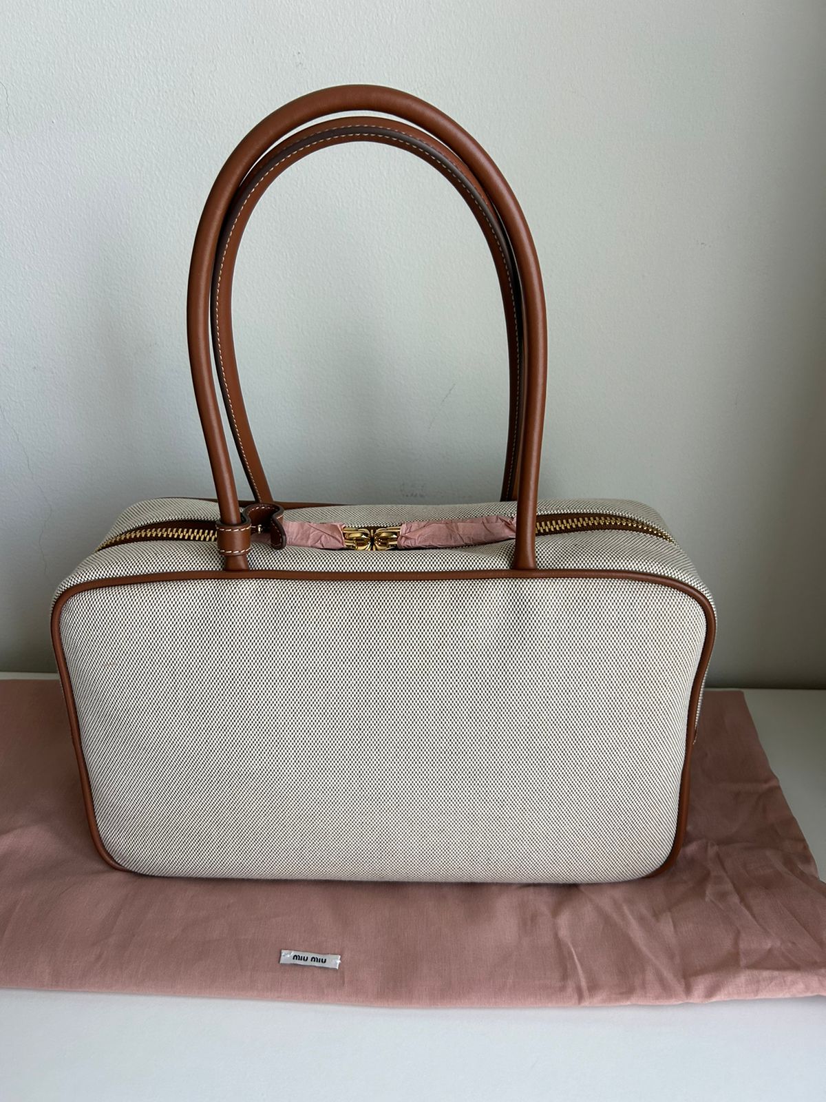 関税込 MiuMiu | Beau canvas and leather bag Beige/brandy Beau Canvas And Leather Bag | Miu Miu