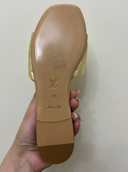 Louis Vuitton Gold Monogram Embossed Leather Revival Slides - Size 36