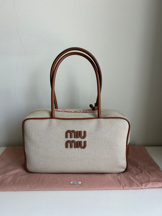 Miu Miu Beau Canvas and Leather Bag – Beige