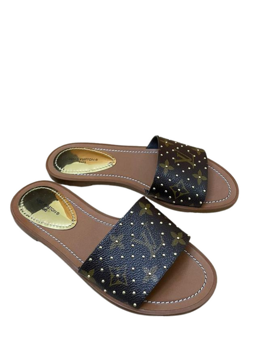 Louis Vuitton Monogram Canvas Studded Lock It Flat Slides Size 36