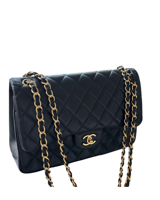 Chanel 2 fold bag black lamb skin