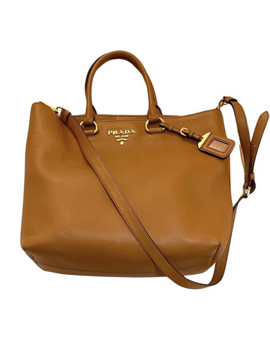 Prada Vitello Daino Leather Tote Bag in Cognac