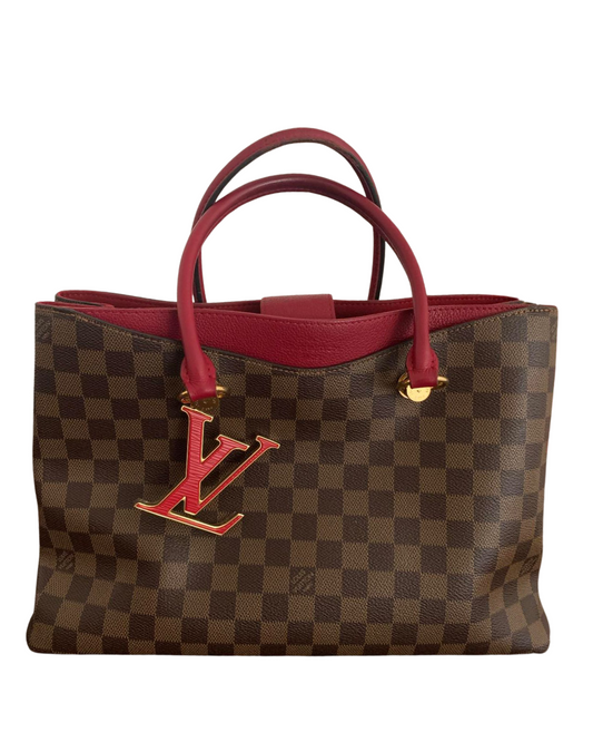 Louis Vuitton Riverside Tote in Damier Ebene Canvas – Red Leather Trim