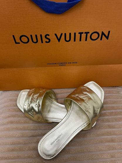 Louis Vuitton Gold Monogram Embossed Leather Revival Slides - Size 36