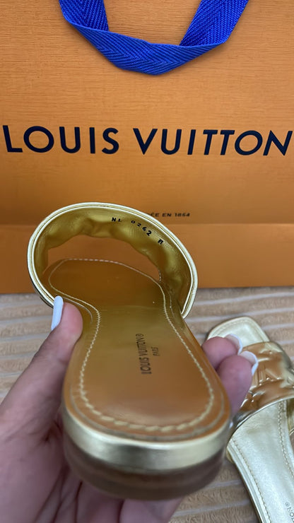 Louis Vuitton Gold Monogram Embossed Leather Revival Slides - Size 36