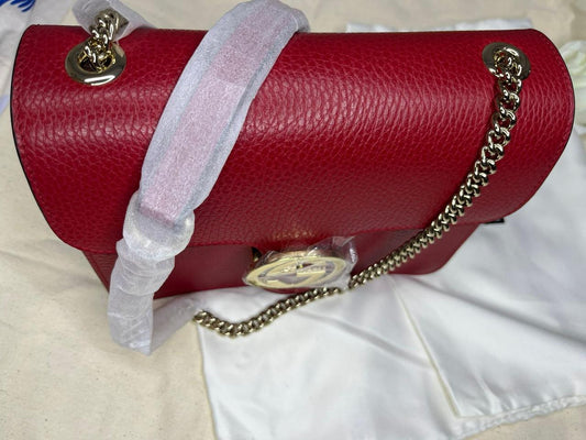 Gucci Red Pebbled Calfskin Small Interlocking G Chain Bag