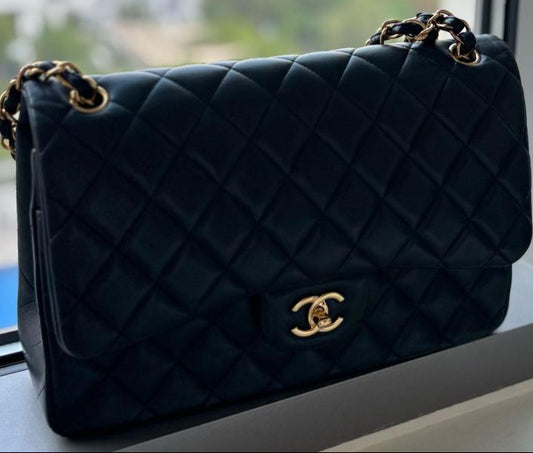 Chanel 2 fold bag black lamb skin