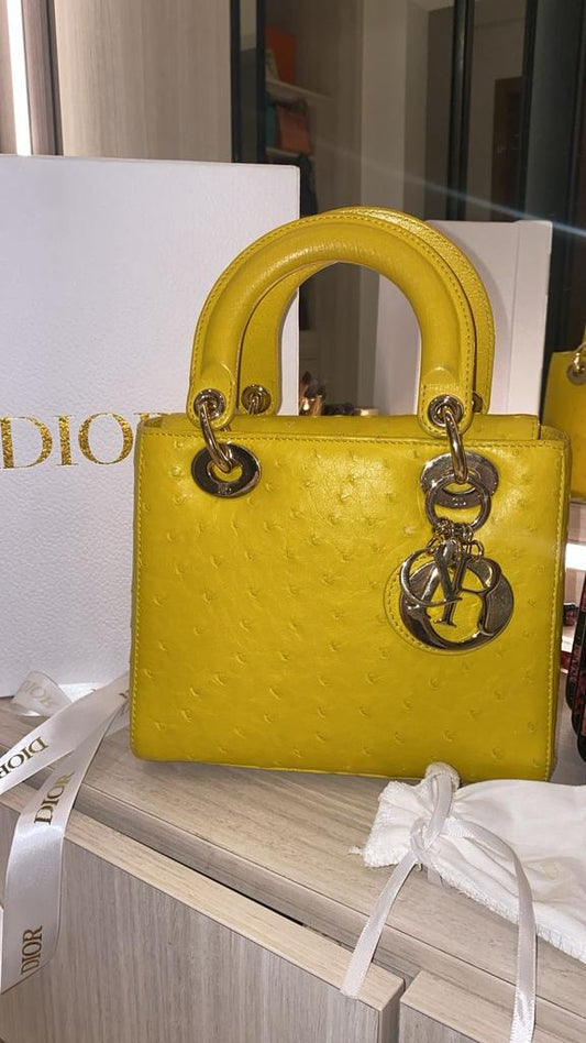 Christian Dior Ostrich Small Lady Dior Yellow