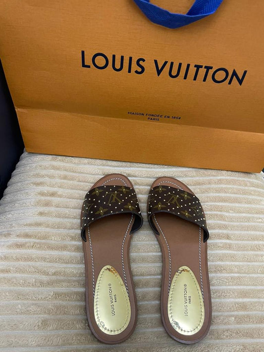 Louis Vuitton Monogram Canvas Studded Lock It Flat Slides Size 36