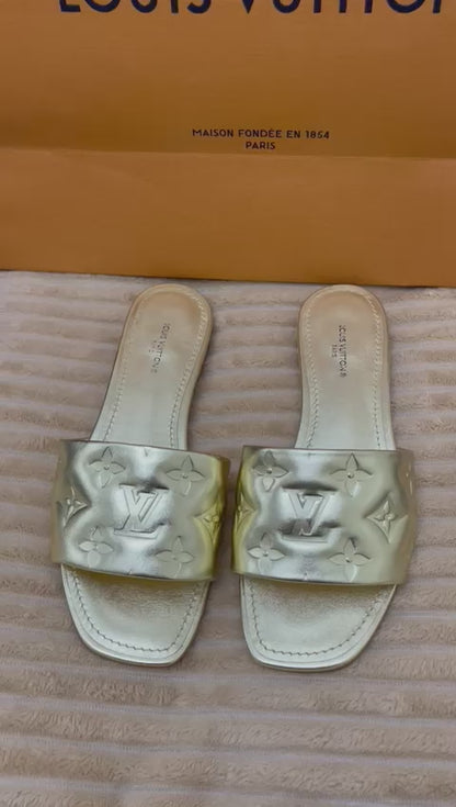 Louis Vuitton Gold Monogram Embossed Leather Revival Slides - Size 36
