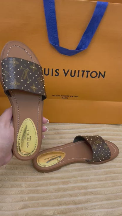 Louis Vuitton Monogram Canvas Studded Lock It Flat Slides Size 36