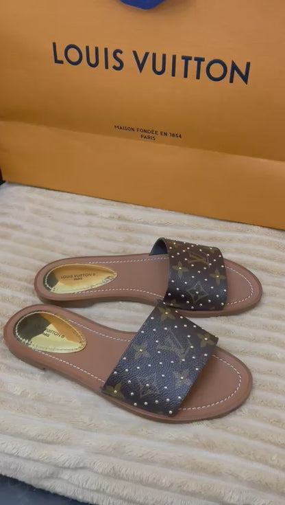 Louis Vuitton Monogram Canvas Studded Lock It Flat Slides Size 36