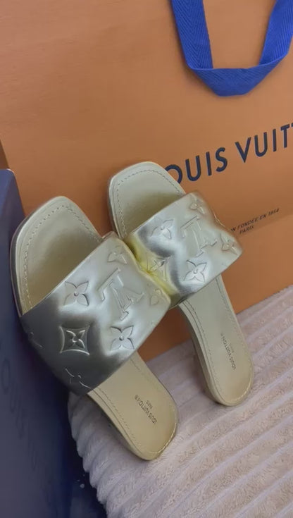 Louis Vuitton Gold Monogram Embossed Leather Revival Slides - Size 36